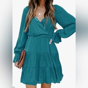 Faux Wrap V-Neck Ruffle Long Sleeve Casual Pleated Tiered Flowy Mini Dress